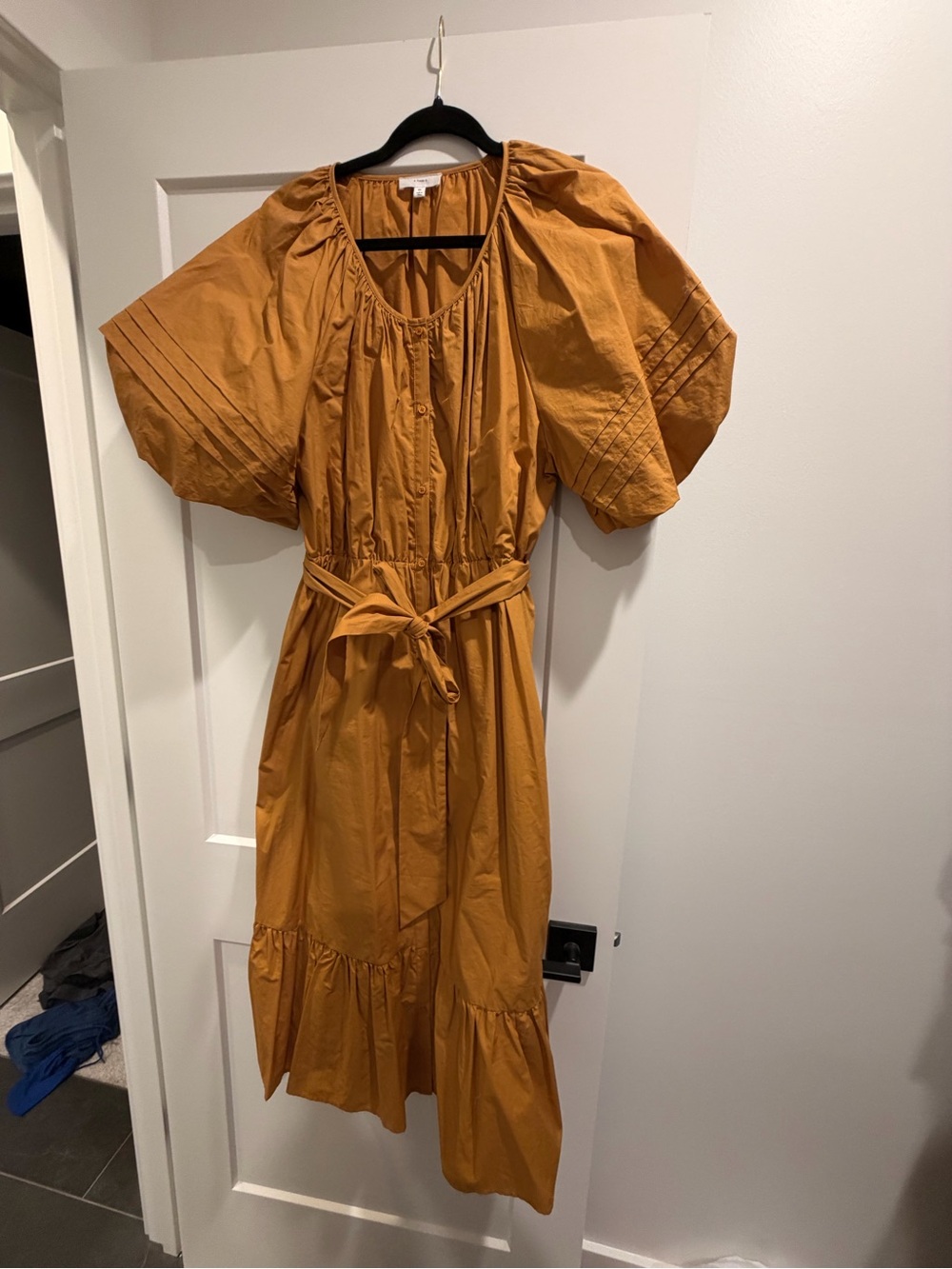Tie-Waist Midi Dress in Mustard with Puff Sleeves
